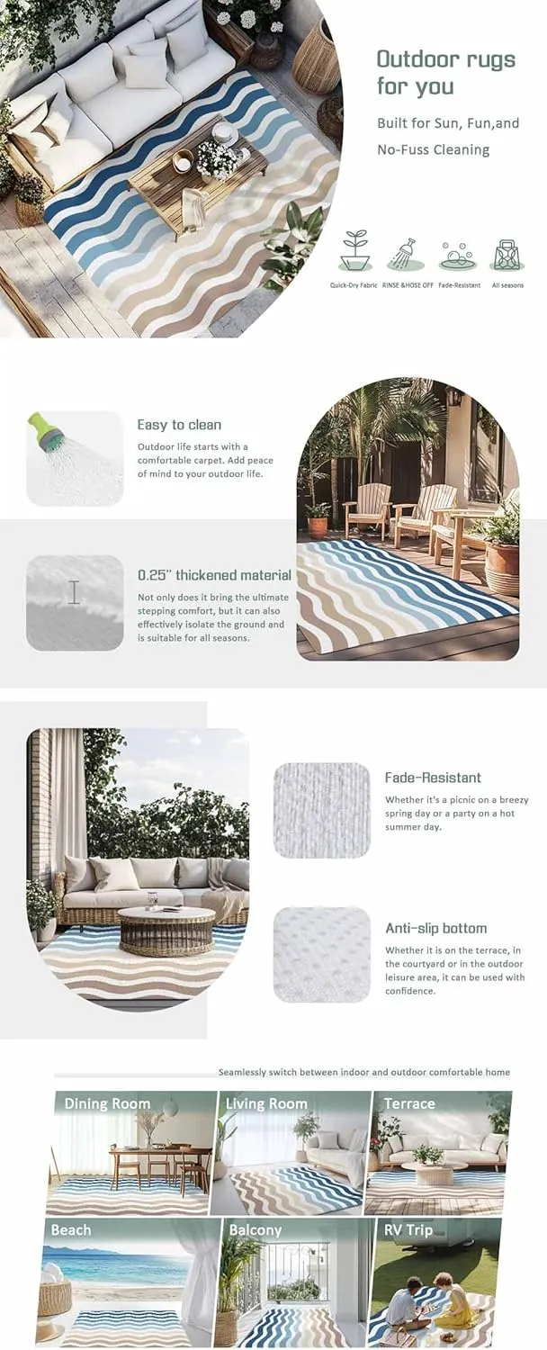 Gradient Blue Outdoor Rug 5x8ft Large Patio Rug,Washable RV Camping Outside Area Runner Rug Mat,Modern Geometric Brown White Ocean Striped Carpet for Picnic Backyard Deck Porch Balcony Beach & Indoor