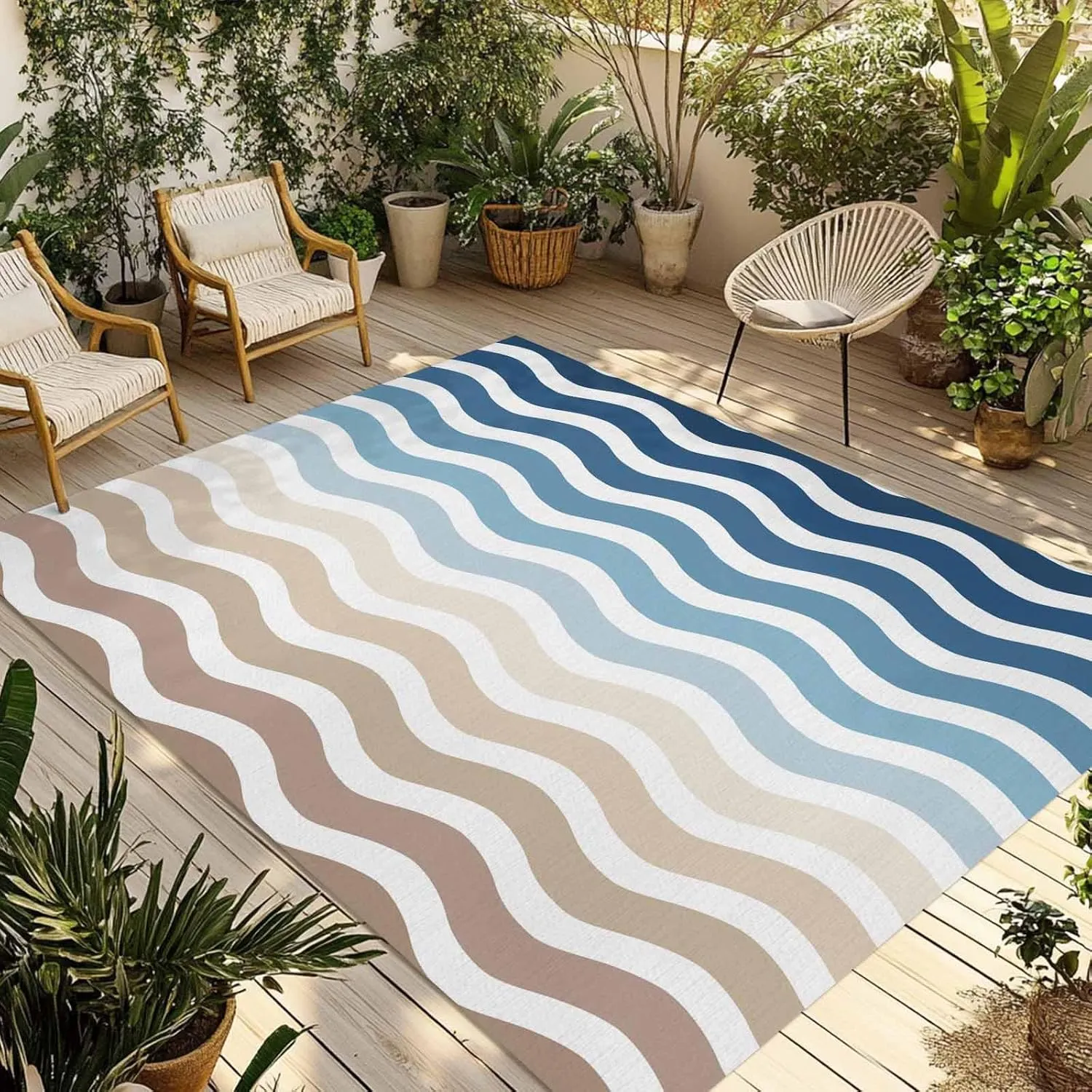 Gradient Blue Outdoor Rug 5x8ft Large Patio Rug,Washable RV Camping Outside Area Runner Rug Mat,Modern Geometric Brown White Ocean Striped Carpet for Picnic Backyard Deck Porch Balcony Beach & Indoor