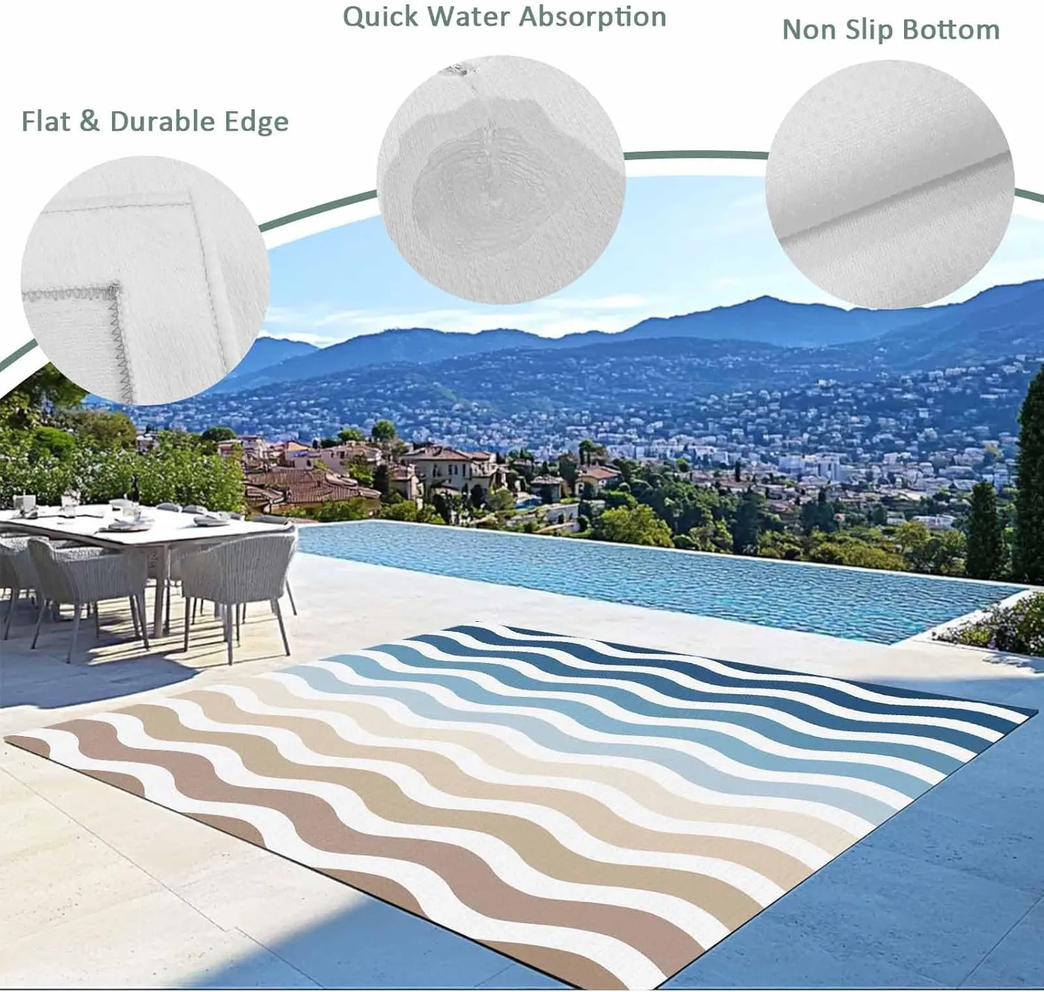 Gradient Blue Outdoor Rug 5x8ft Large Patio Rug,Washable RV Camping Outside Area Runner Rug Mat,Modern Geometric Brown White Ocean Striped Carpet for Picnic Backyard Deck Porch Balcony Beach & Indoor