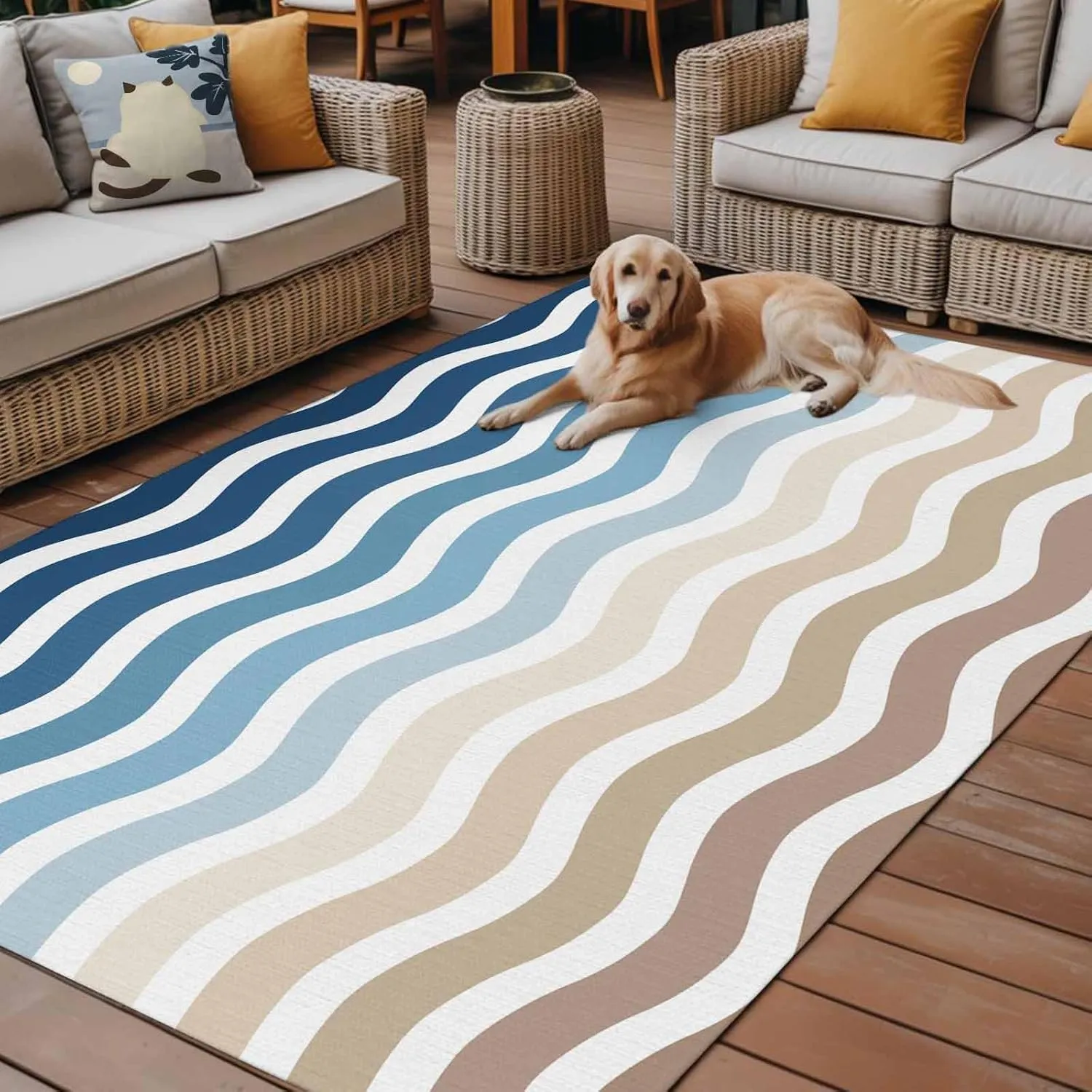 Gradient Blue Outdoor Rug 5x8ft Large Patio Rug,Washable RV Camping Outside Area Runner Rug Mat,Modern Geometric Brown White Ocean Striped Carpet for Picnic Backyard Deck Porch Balcony Beach & Indoor