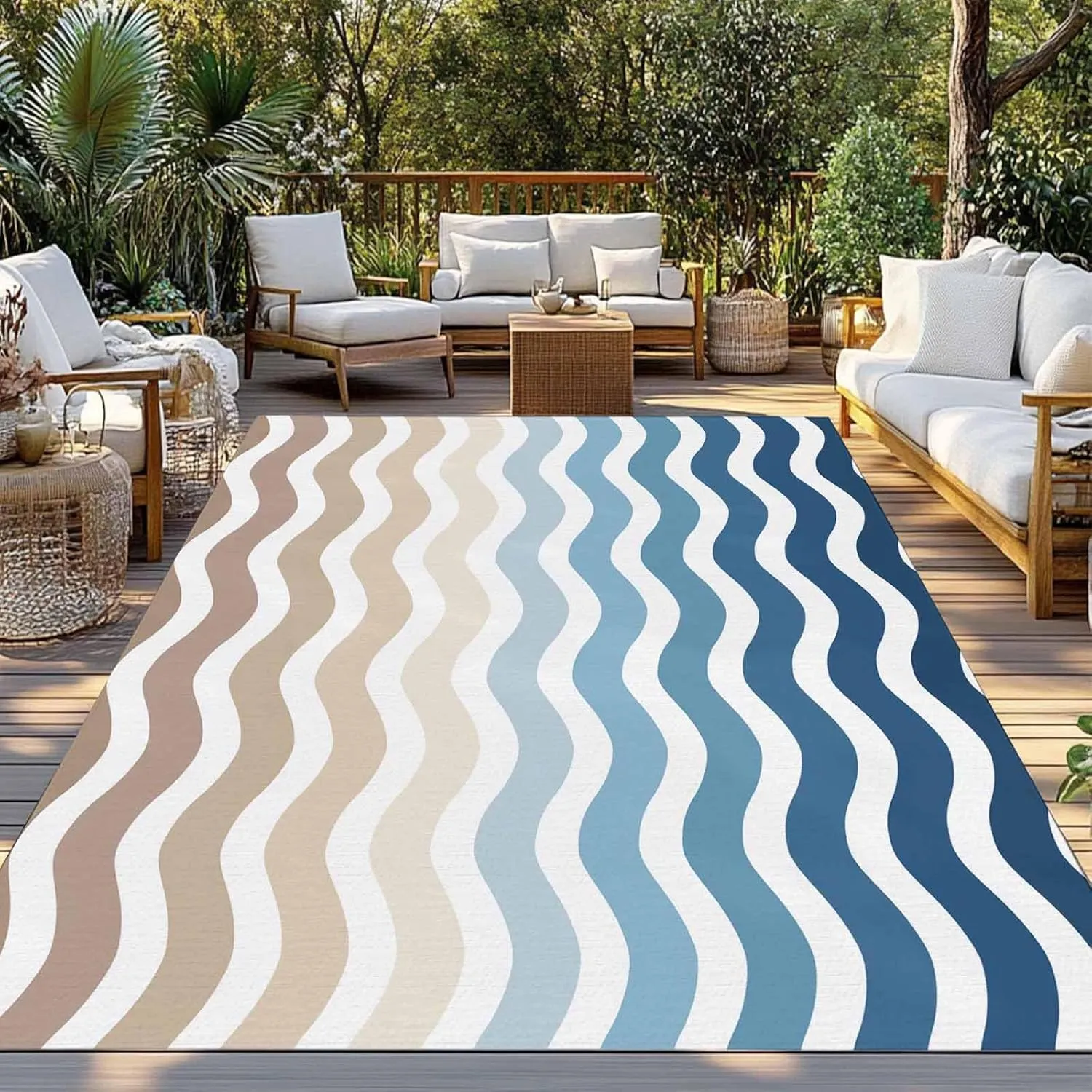 Gradient Blue Outdoor Rug 5x8ft Large Patio Rug,Washable RV Camping Outside Area Runner Rug Mat,Modern Geometric Brown White Ocean Striped Carpet for Picnic Backyard Deck Porch Balcony Beach & Indoor