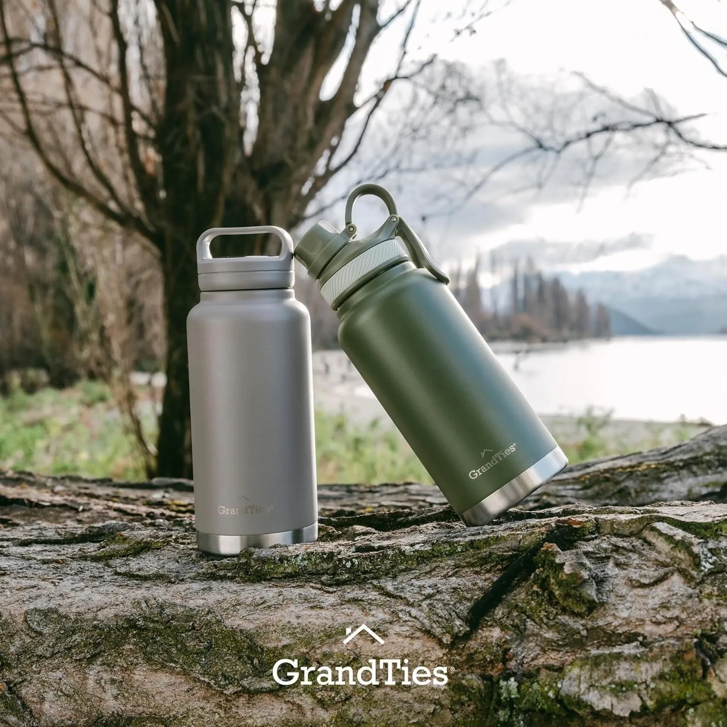 GRANDTIES 2 Lids Sports Stainless Steel Water Bottles – Wide Mouth Vacuum Insulated Reusable Leak Proof BPA-Free Travel Metal Canteen, Thermos Bottles for Men Women Gym (Caffe Latte 32 oz)