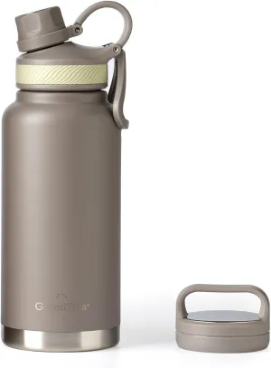 GRANDTIES 2 Lids Sports Stainless Steel Water Bottles – Wide Mouth Vacuum Insulated Reusable Leak Proof BPA-Free Travel Metal Canteen, Thermos Bottles for Men Women Gym (Caffe Latte 32 oz)