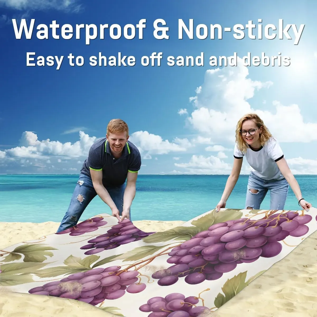 Grape Beach Blanket, Sandproof Beach Mat, 68 x 59 Waterproof Quick Drying Sand Free Mat with 4 x Ground Spikes for Outdoor Travel Camping Hiking, Grapes