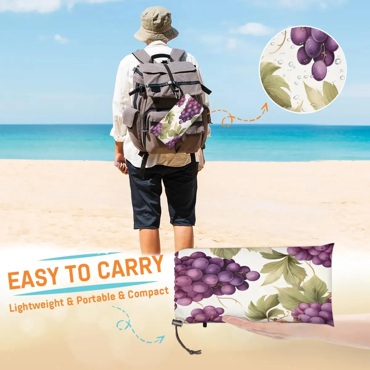 Grape Beach Blanket, Sandproof Beach Mat, 68 x 59 Waterproof Quick Drying Sand Free Mat with 4 x Ground Spikes for Outdoor Travel Camping Hiking, Grapes
