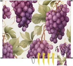 Grape Beach Blanket, Sandproof Beach Mat, 68 x 59 Waterproof Quick Drying Sand Free Mat with 4 x Ground Spikes for Outdoor Travel Camping Hiking, Grapes
