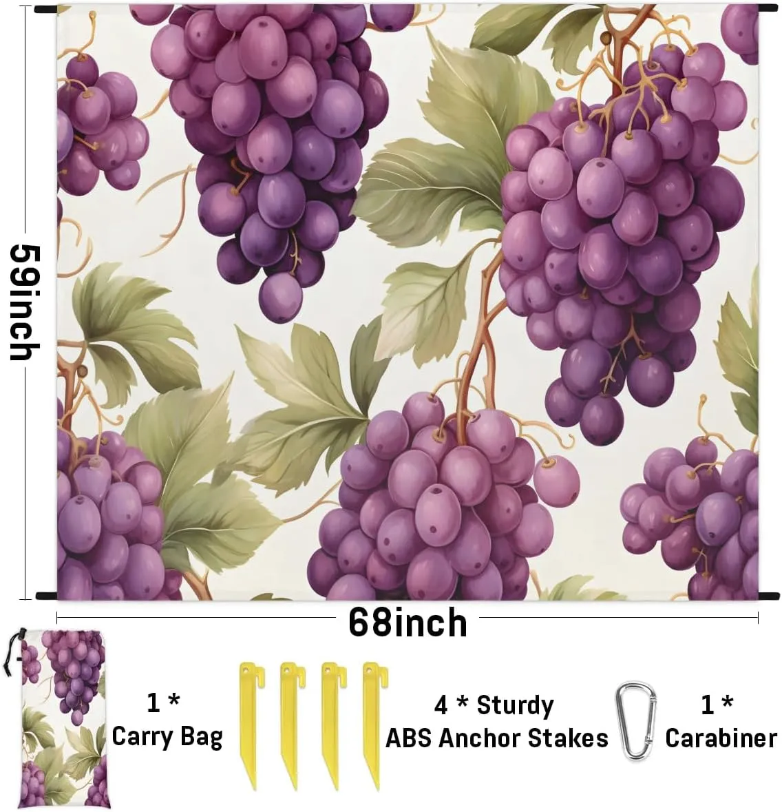 Grape Beach Blanket, Sandproof Beach Mat, 68 x 59 Waterproof Quick Drying Sand Free Mat with 4 x Ground Spikes for Outdoor Travel Camping Hiking, Grapes