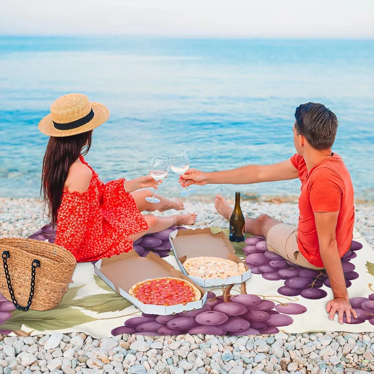 Grape Beach Blanket, Sandproof Beach Mat, 68 x 59 Waterproof Quick Drying Sand Free Mat with 4 x Ground Spikes for Outdoor Travel Camping Hiking, Grapes