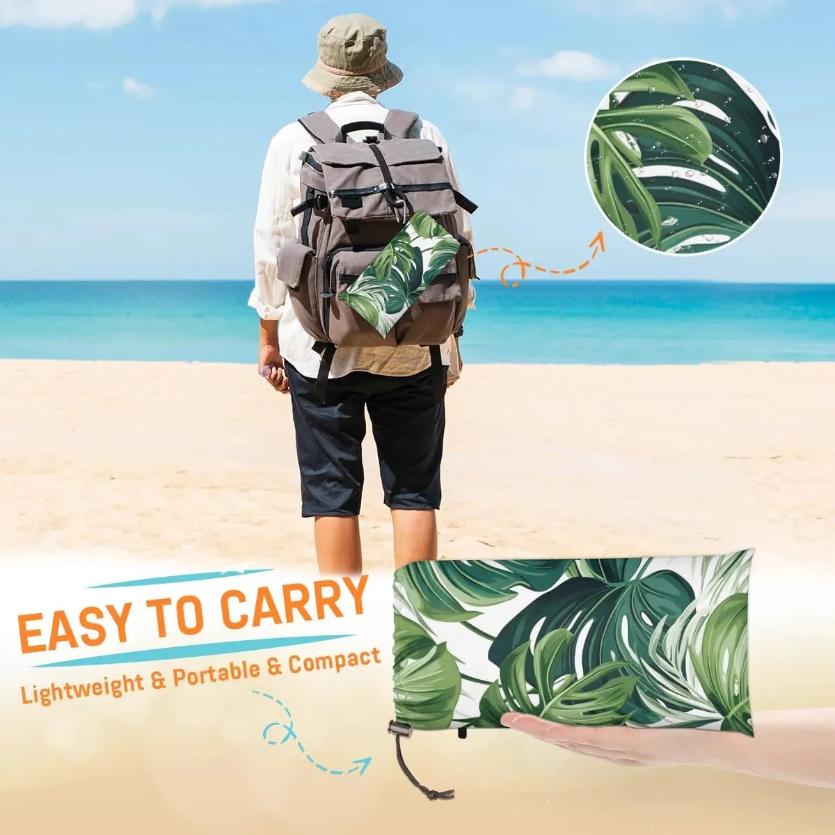 Green Leaves Beach Blanket, Sandproof Beach Mat, 68 x 59 Waterproof Quick Drying Sand Free Mat with 4 x Ground Spikes for Outdoor Travel Camping Hiking, Palm Leaves