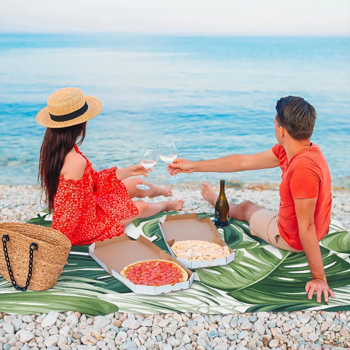 Green Leaves Beach Blanket, Sandproof Beach Mat, 68 x 59 Waterproof Quick Drying Sand Free Mat with 4 x Ground Spikes for Outdoor Travel Camping Hiking, Palm Leaves