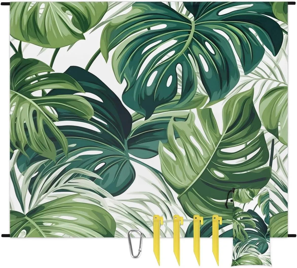 Green Leaves Beach Blanket, Sandproof Beach Mat, 68 x 59 Waterproof Quick Drying Sand Free Mat with 4 x Ground Spikes for Outdoor Travel Camping Hiking, Palm Leaves