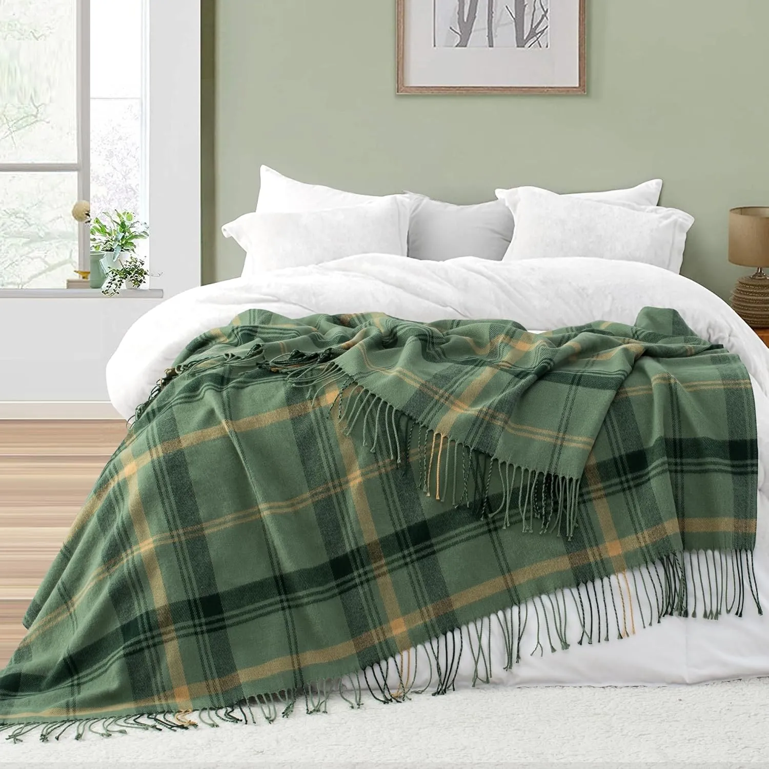 Green Plaid Throw Blanket for Couch,60"X80" Super Soft Cozy Warm Home Decorative Throws with Tassels for Bed Sofa Picnic
