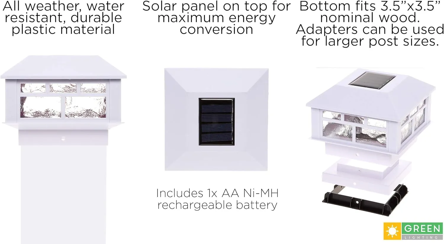 GreenLighting Modern Solar Post Cap Lights Fits 4x4 Wood, 4x4 & 5x5 PCV/Vinyl Outdoor Solar Powered Light, Fence Post, Landscaping, Deck, Garden- Bright LED, Waterproof White 4 Pack