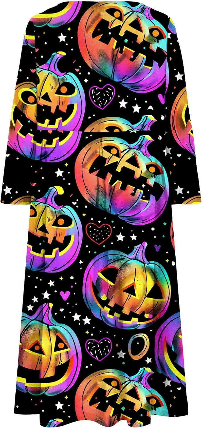 Halloween Shift Dress for Women All Over Print Plus Size Casual T Shirt Dresses Flowy Swing Tunic Dress with Pockets