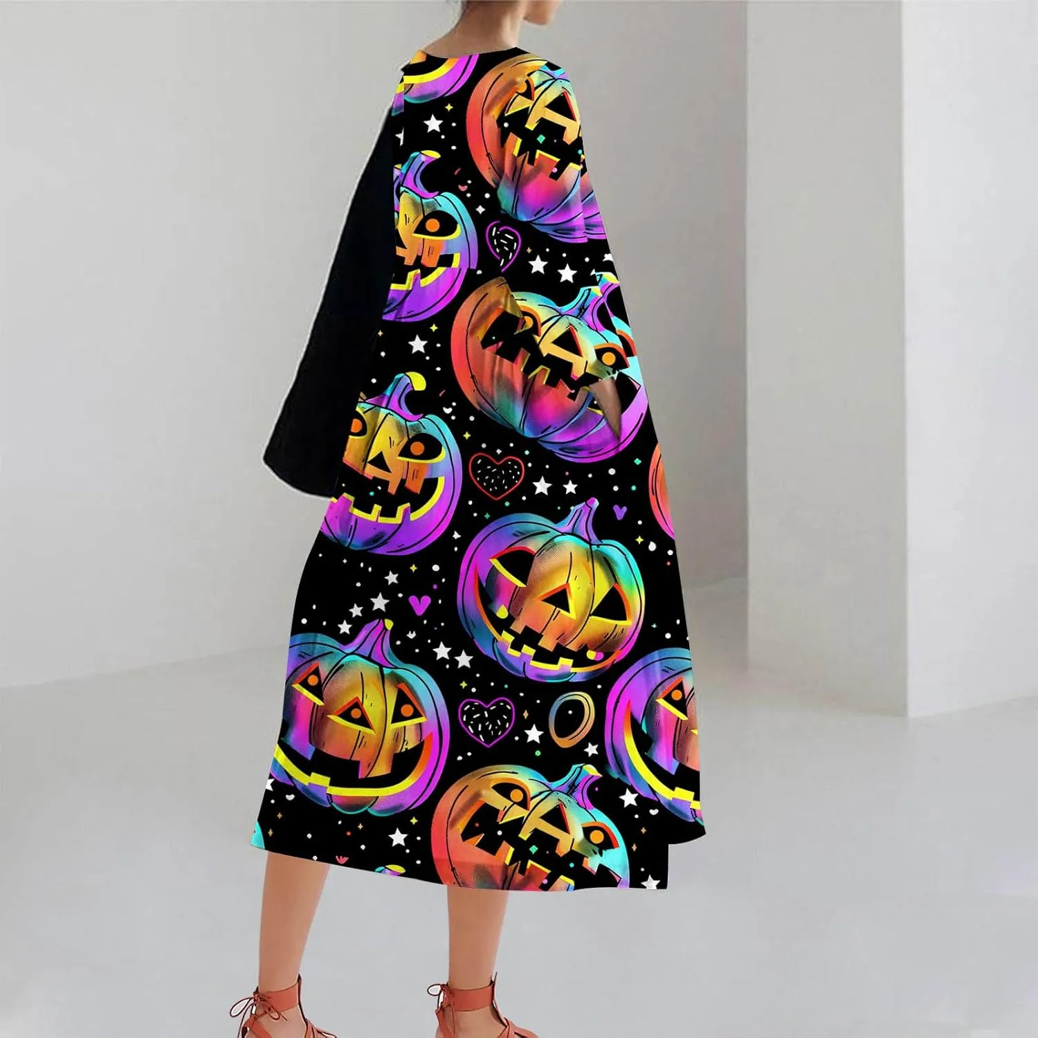Halloween Shift Dress for Women All Over Print Plus Size Casual T Shirt Dresses Flowy Swing Tunic Dress with Pockets