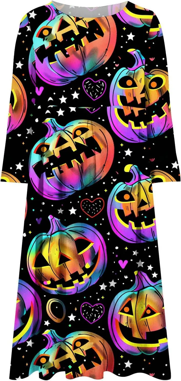 Halloween Shift Dress for Women All Over Print Plus Size Casual T Shirt Dresses Flowy Swing Tunic Dress with Pockets