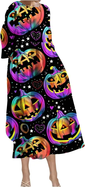 Halloween Shift Dress for Women All Over Print Plus Size Casual T Shirt Dresses Flowy Swing Tunic Dress with Pockets