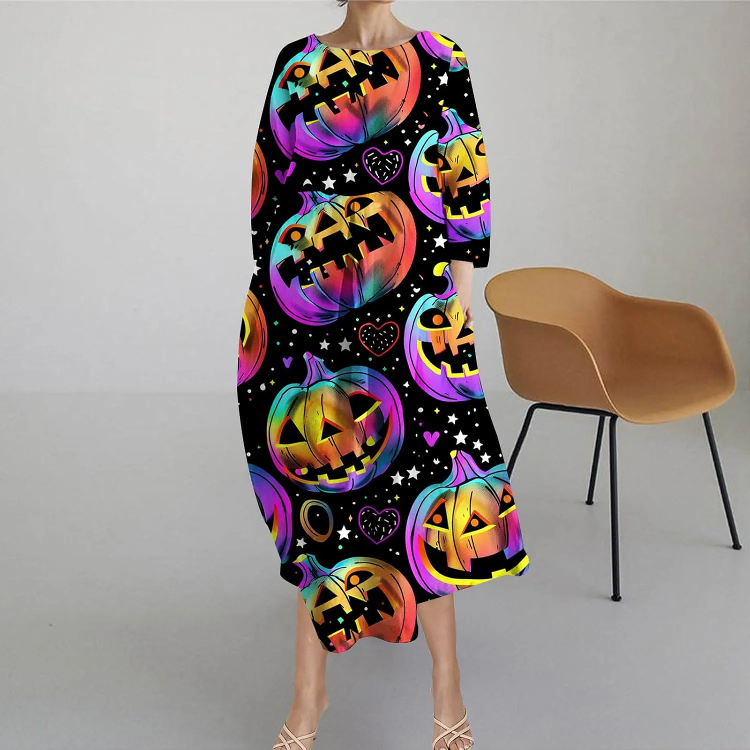 Halloween Shift Dress for Women All Over Print Plus Size Casual T Shirt Dresses Flowy Swing Tunic Dress with Pockets