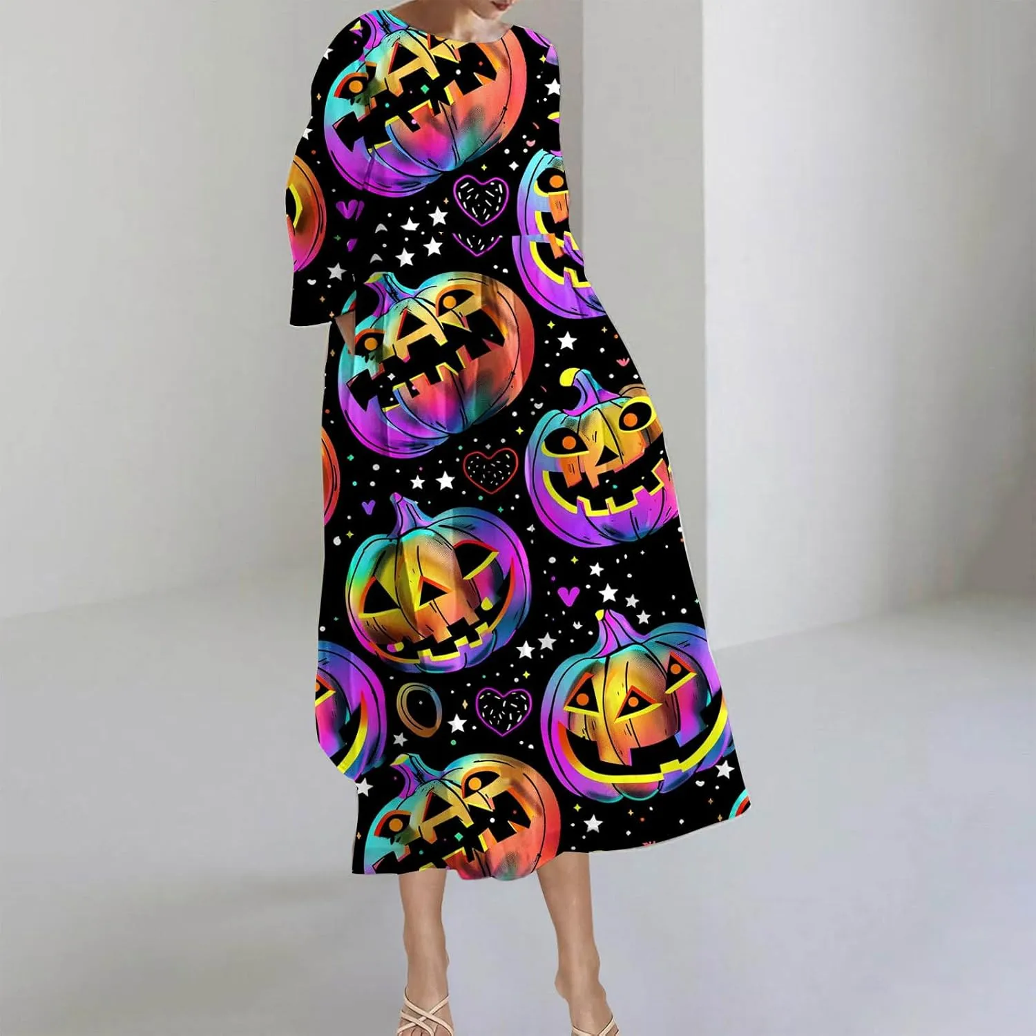 Halloween Shift Dress for Women All Over Print Plus Size Casual T Shirt Dresses Flowy Swing Tunic Dress with Pockets