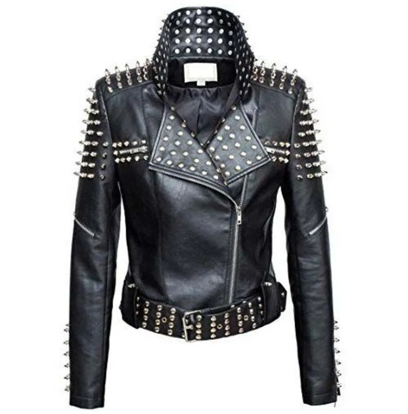 Handmade Leather Studded Punk Cropped Jacket for Women