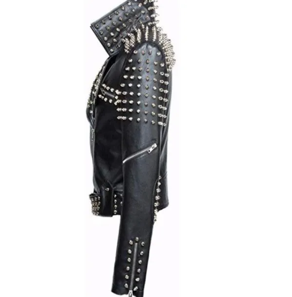 Handmade Leather Studded Punk Cropped Jacket for Women