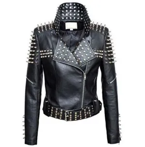 Handmade Leather Studded Punk Cropped Jacket for Women