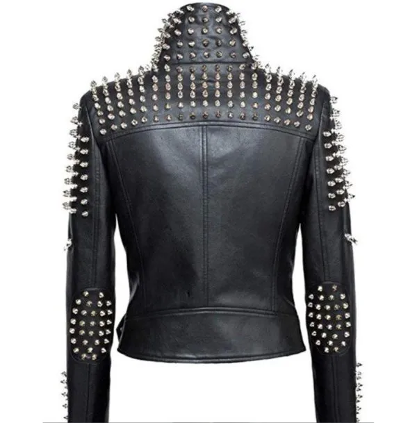 Handmade Leather Studded Punk Cropped Jacket for Women