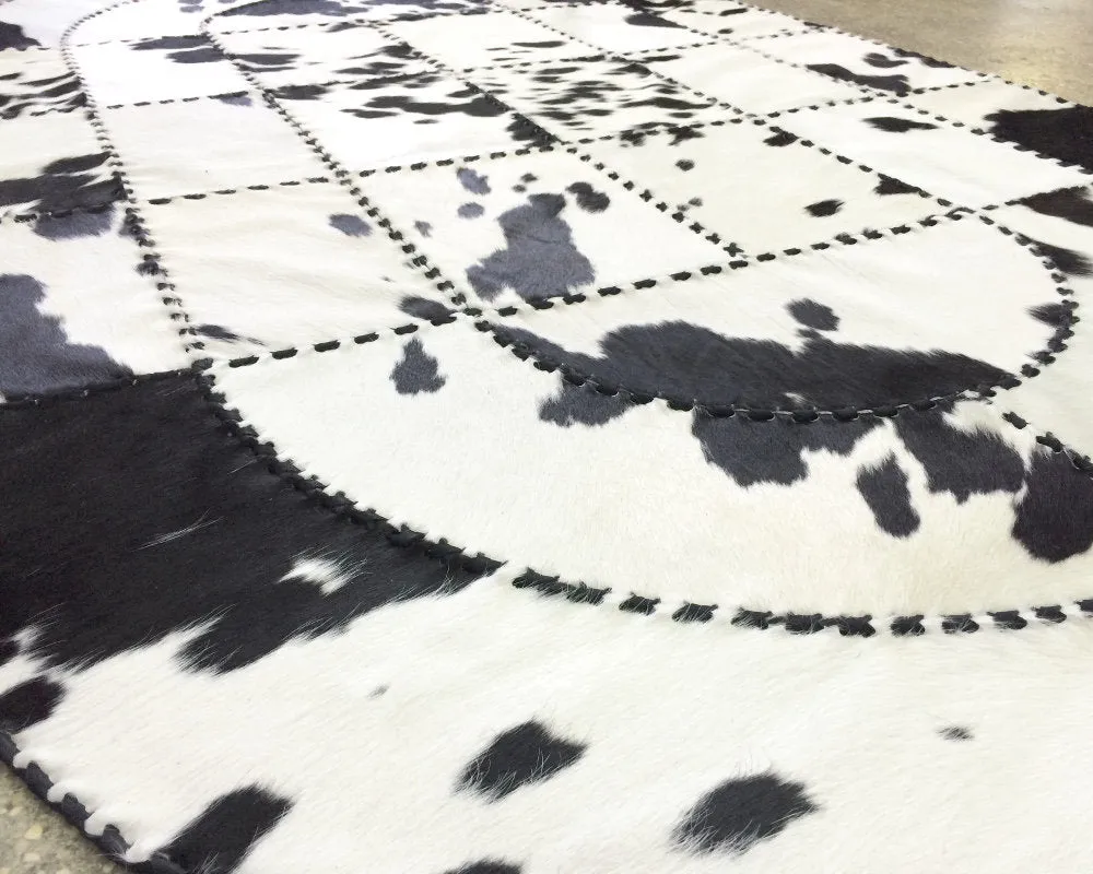 Handmade Natural Cowhide Patchwork Carpet Silky Soft Hair on Leather Area Rug Black White Oval Shape Carpet ( Similar As Pictured )