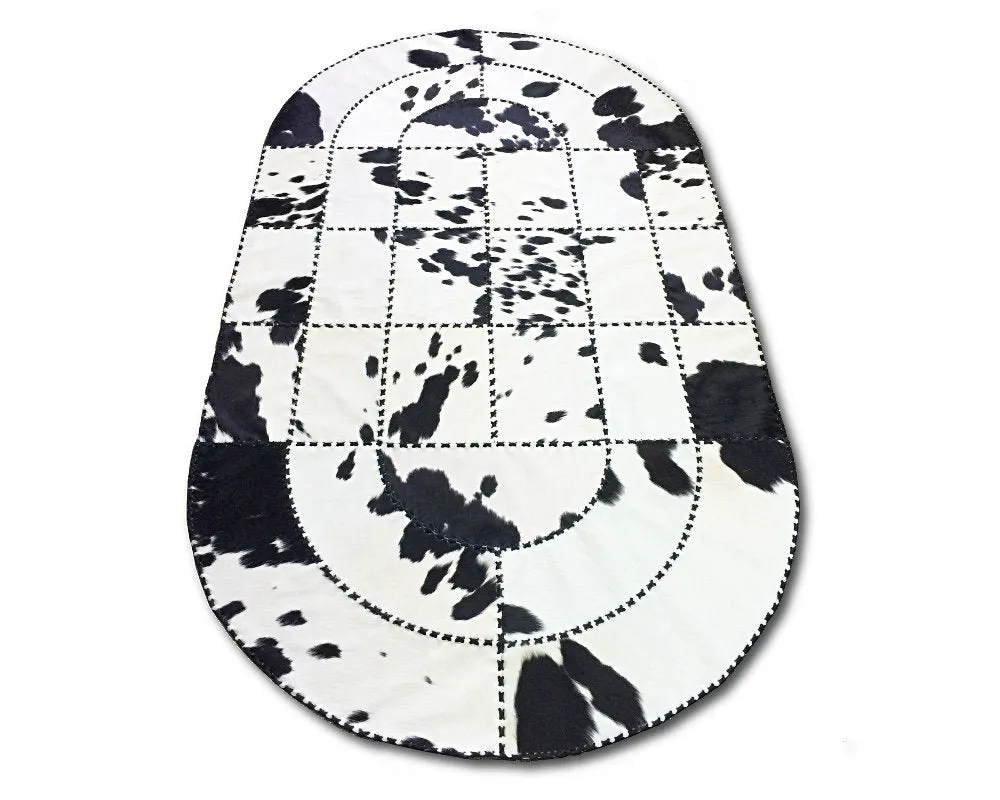 Handmade Natural Cowhide Patchwork Carpet Silky Soft Hair on Leather Area Rug Black White Oval Shape Carpet ( Similar As Pictured )
