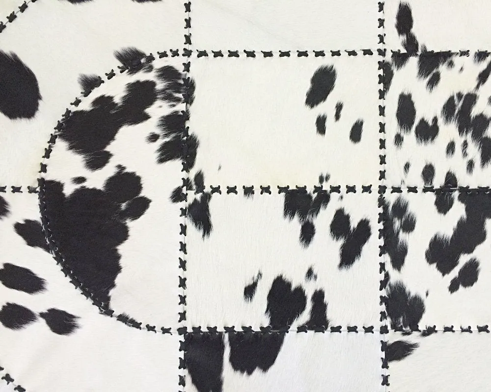 Handmade Natural Cowhide Patchwork Carpet Silky Soft Hair on Leather Area Rug Black White Oval Shape Carpet ( Similar As Pictured )