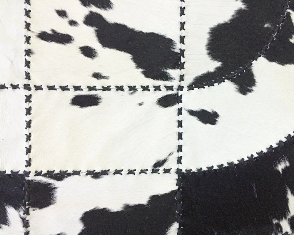 Handmade Natural Cowhide Patchwork Carpet Silky Soft Hair on Leather Area Rug Black White Oval Shape Carpet ( Similar As Pictured )