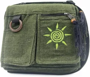 Handwoven Sun Embroidered Purse for Women Men, Hemp Green Crossbody Messenger Bag, Travel Must Haves Shoulder Hippie Bags gifts, 5 Zippered Pockets