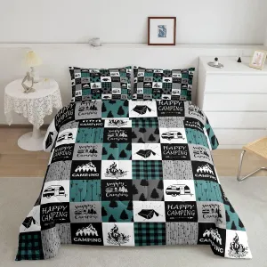 Happy Camping Comforter Set For Boys, Rustic Camper Quilted Duvet Queen,Boho Chic Arrows Bedding Set For Kids Teens Adult,Geometric Checkered Plaid Down Comforter Farmhouse Decorations,Grey Green