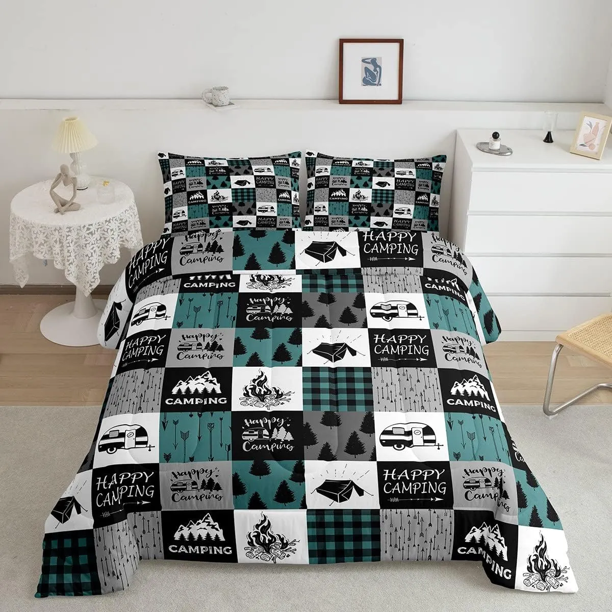 Happy Camping Comforter Set For Boys, Rustic Camper Quilted Duvet Queen,Boho Chic Arrows Bedding Set For Kids Teens Adult,Geometric Checkered Plaid Down Comforter Farmhouse Decorations,Grey Green