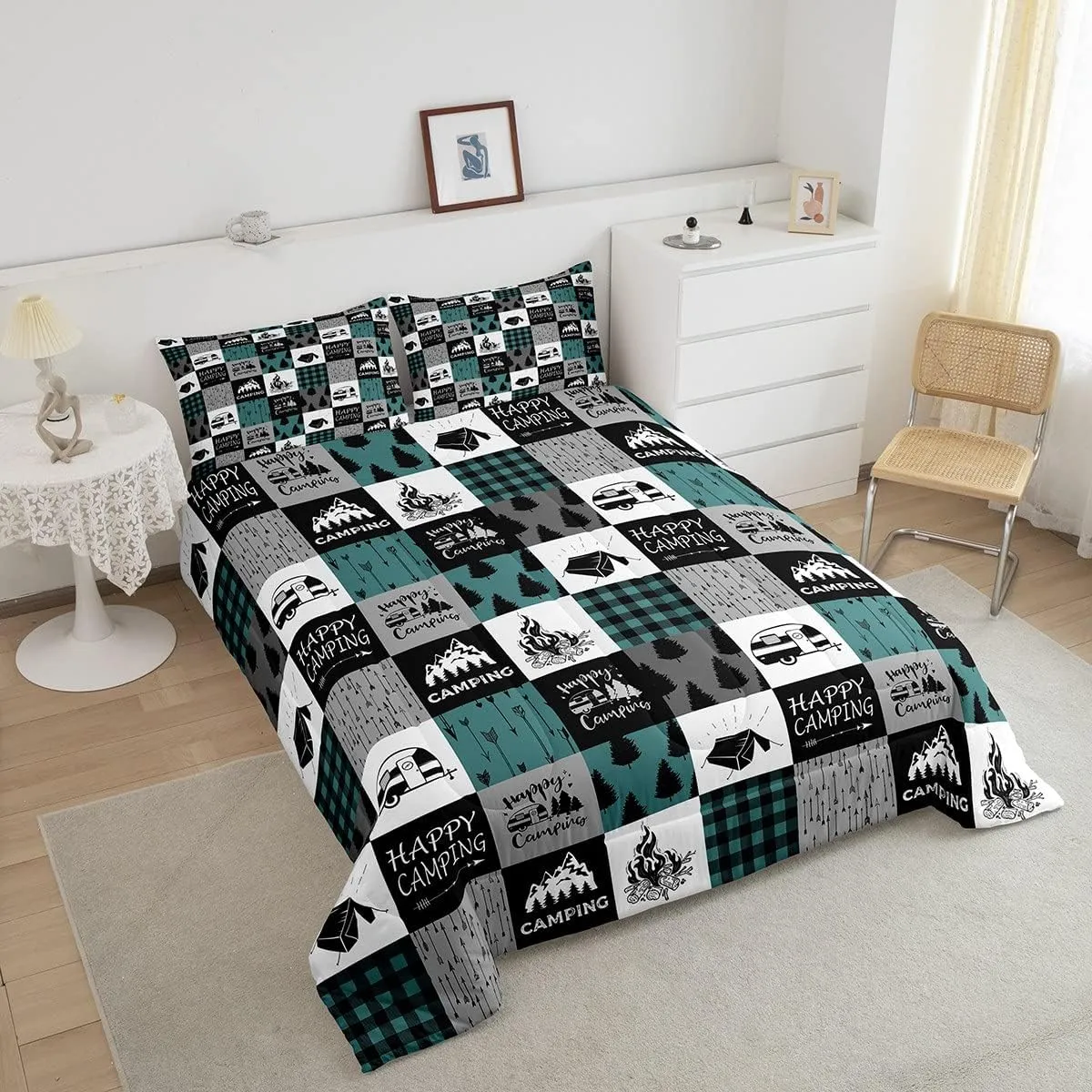 Happy Camping Comforter Set For Boys, Rustic Camper Quilted Duvet Queen,Boho Chic Arrows Bedding Set For Kids Teens Adult,Geometric Checkered Plaid Down Comforter Farmhouse Decorations,Grey Green