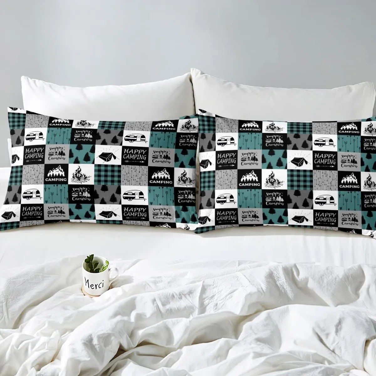 Happy Camping Comforter Set For Boys, Rustic Camper Quilted Duvet Queen,Boho Chic Arrows Bedding Set For Kids Teens Adult,Geometric Checkered Plaid Down Comforter Farmhouse Decorations,Grey Green