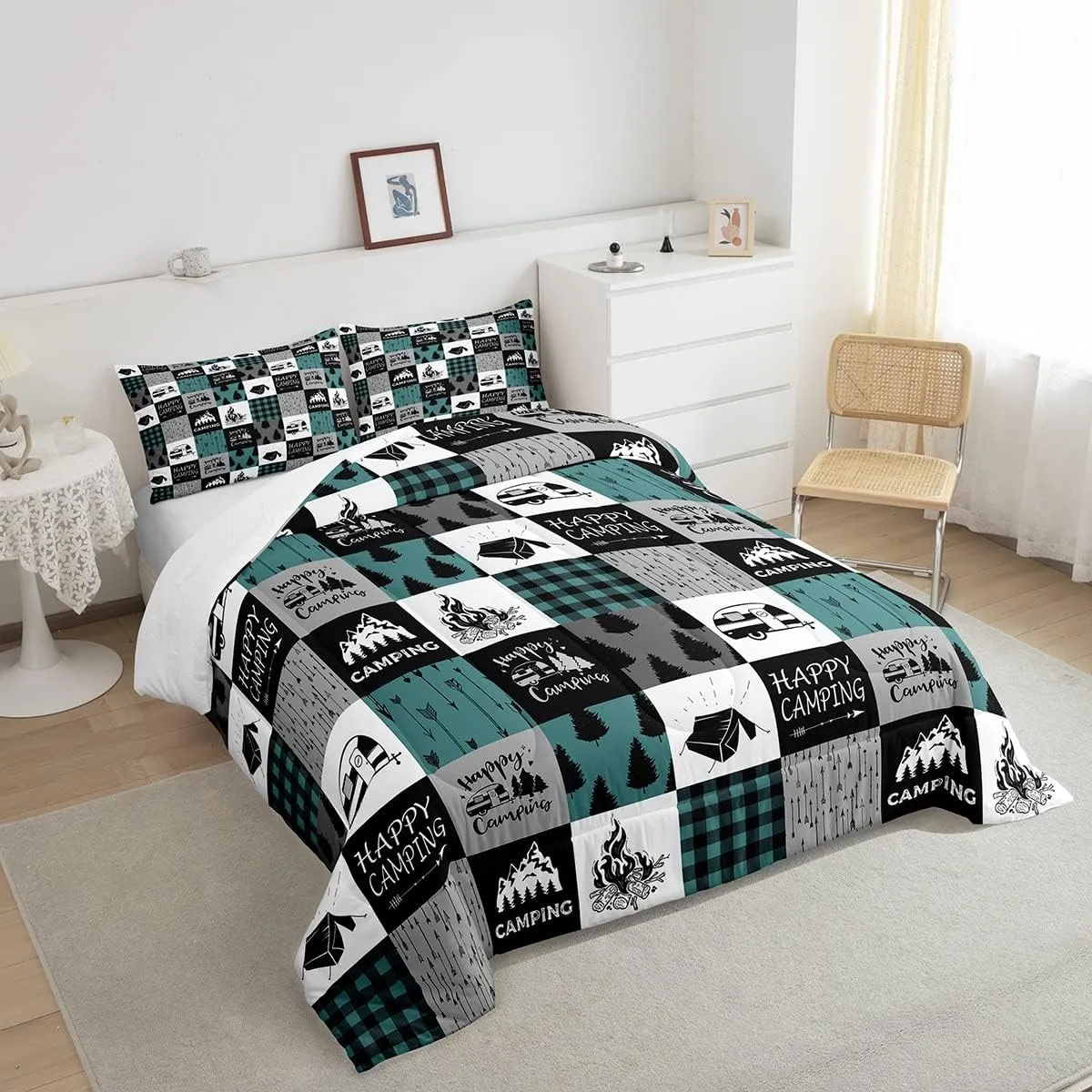 Happy Camping Comforter Set For Boys, Rustic Camper Quilted Duvet Queen,Boho Chic Arrows Bedding Set For Kids Teens Adult,Geometric Checkered Plaid Down Comforter Farmhouse Decorations,Grey Green