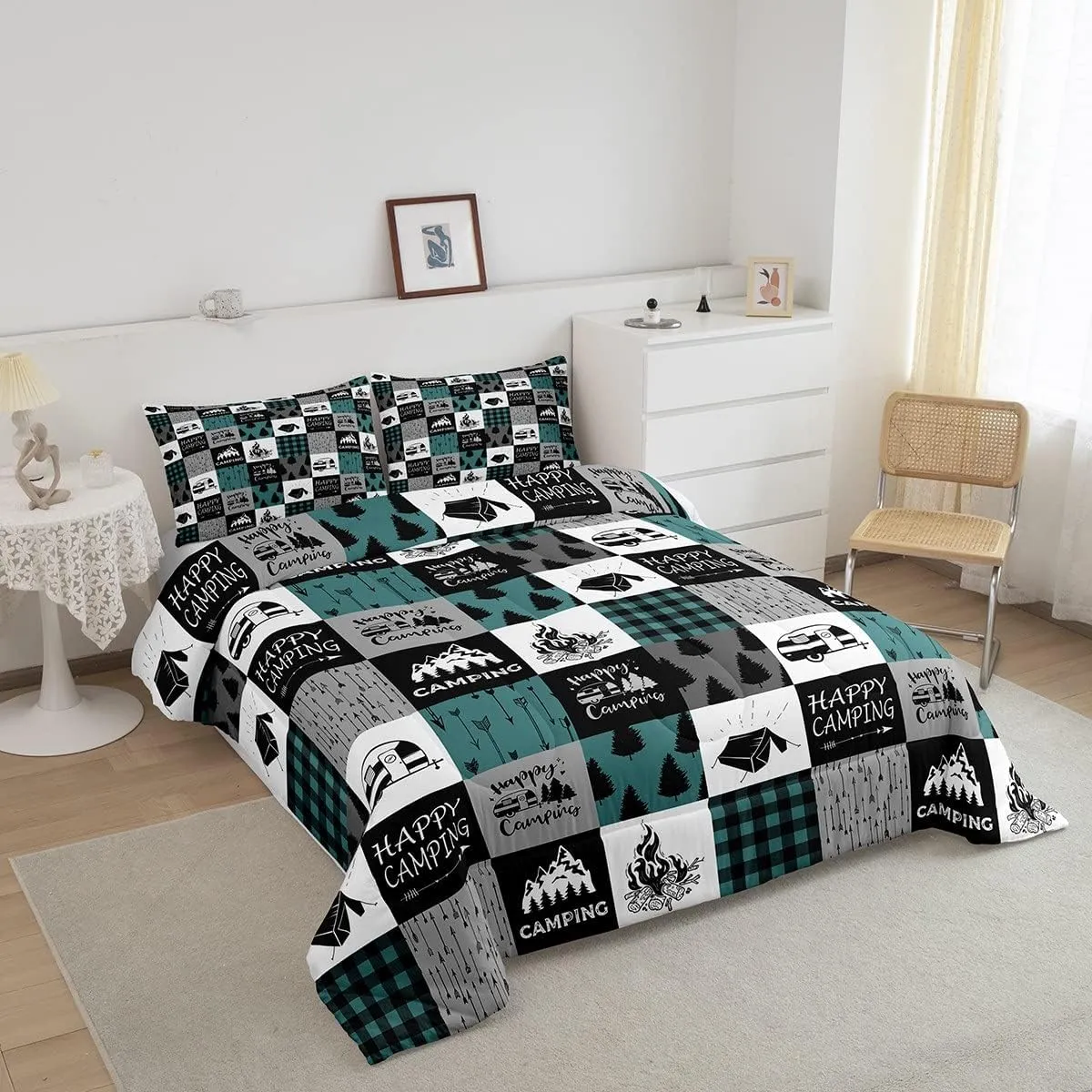 Happy Camping Comforter Set For Boys, Rustic Camper Quilted Duvet Queen,Boho Chic Arrows Bedding Set For Kids Teens Adult,Geometric Checkered Plaid Down Comforter Farmhouse Decorations,Grey Green