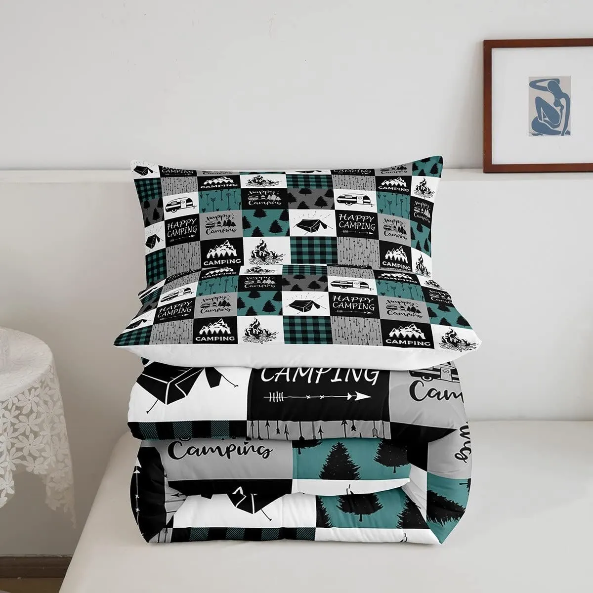 Happy Camping Comforter Set For Boys, Rustic Camper Quilted Duvet Queen,Boho Chic Arrows Bedding Set For Kids Teens Adult,Geometric Checkered Plaid Down Comforter Farmhouse Decorations,Grey Green