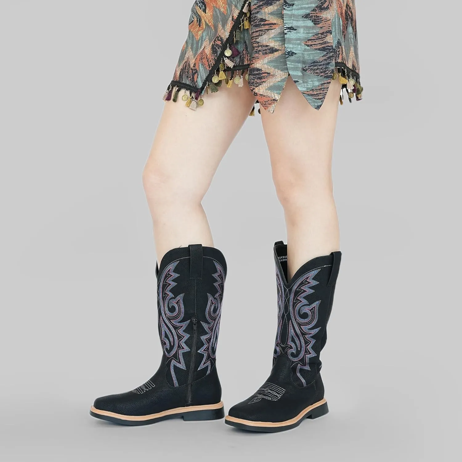 Hawkwell Women's Cowboy Cowgirl Boots Square Toe Side Zipper Embroidered Low Heel Dress Western Mid Calf Boot
