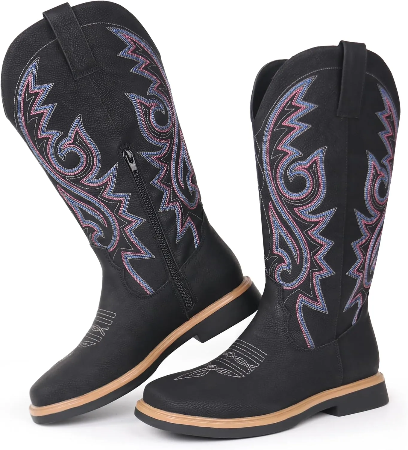 Hawkwell Women's Cowboy Cowgirl Boots Square Toe Side Zipper Embroidered Low Heel Dress Western Mid Calf Boot