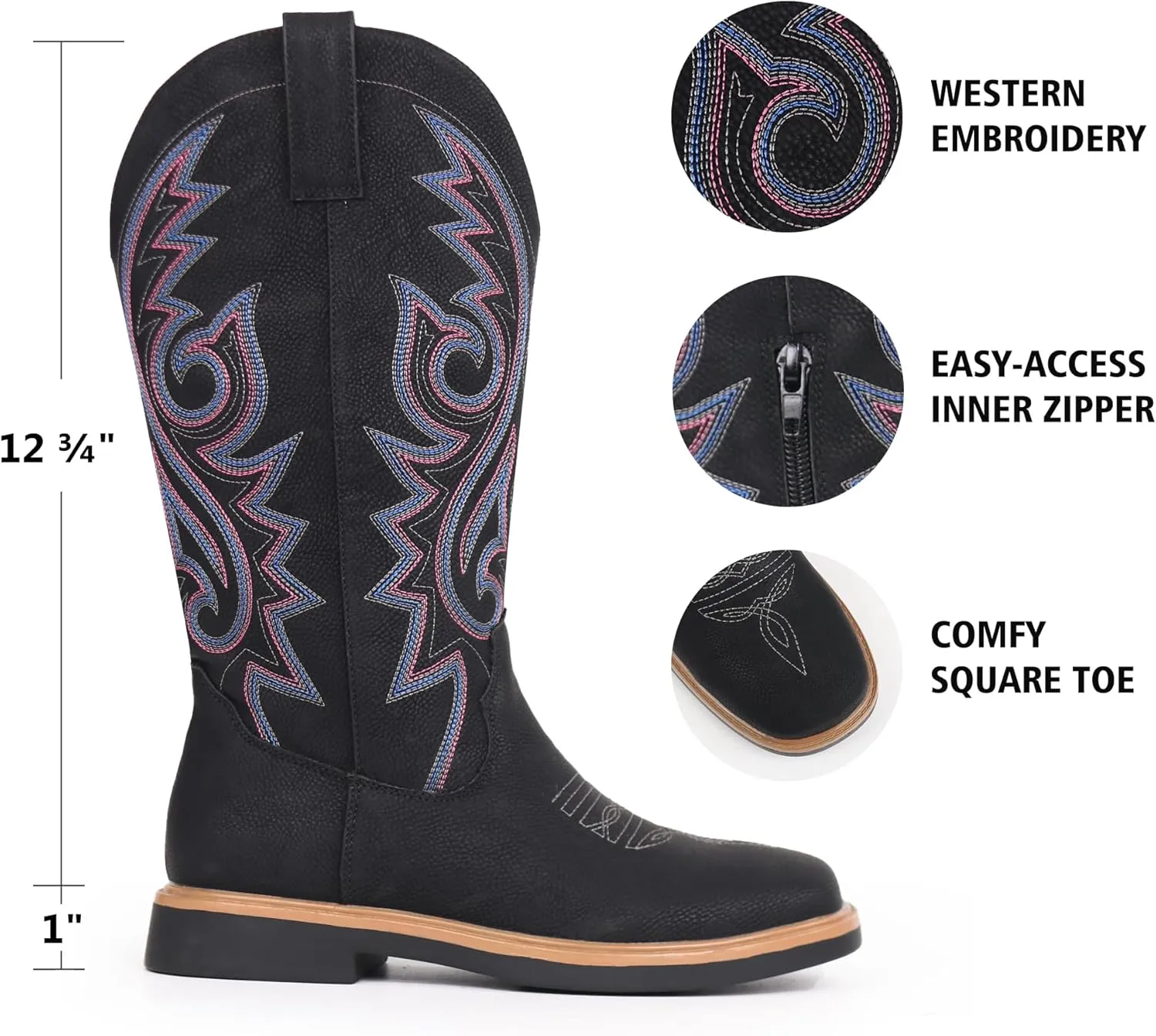 Hawkwell Women's Cowboy Cowgirl Boots Square Toe Side Zipper Embroidered Low Heel Dress Western Mid Calf Boot