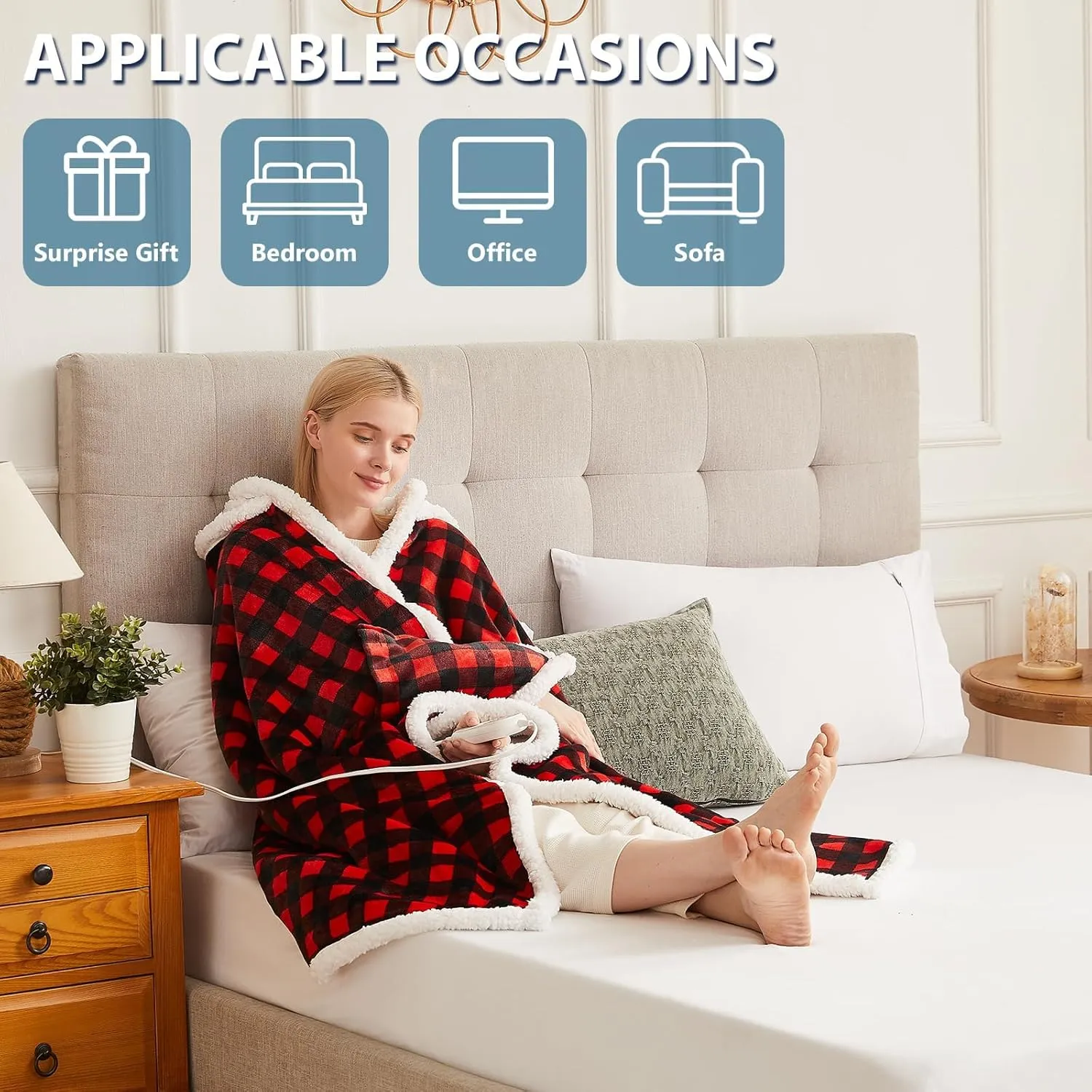 Heated Electric Blanket Shawl: Throw Poncho - Wearable Hoodie Wrap Sherpa With 10 Heating Levels & Multi Time Settings (40x70'' Red Plaid)