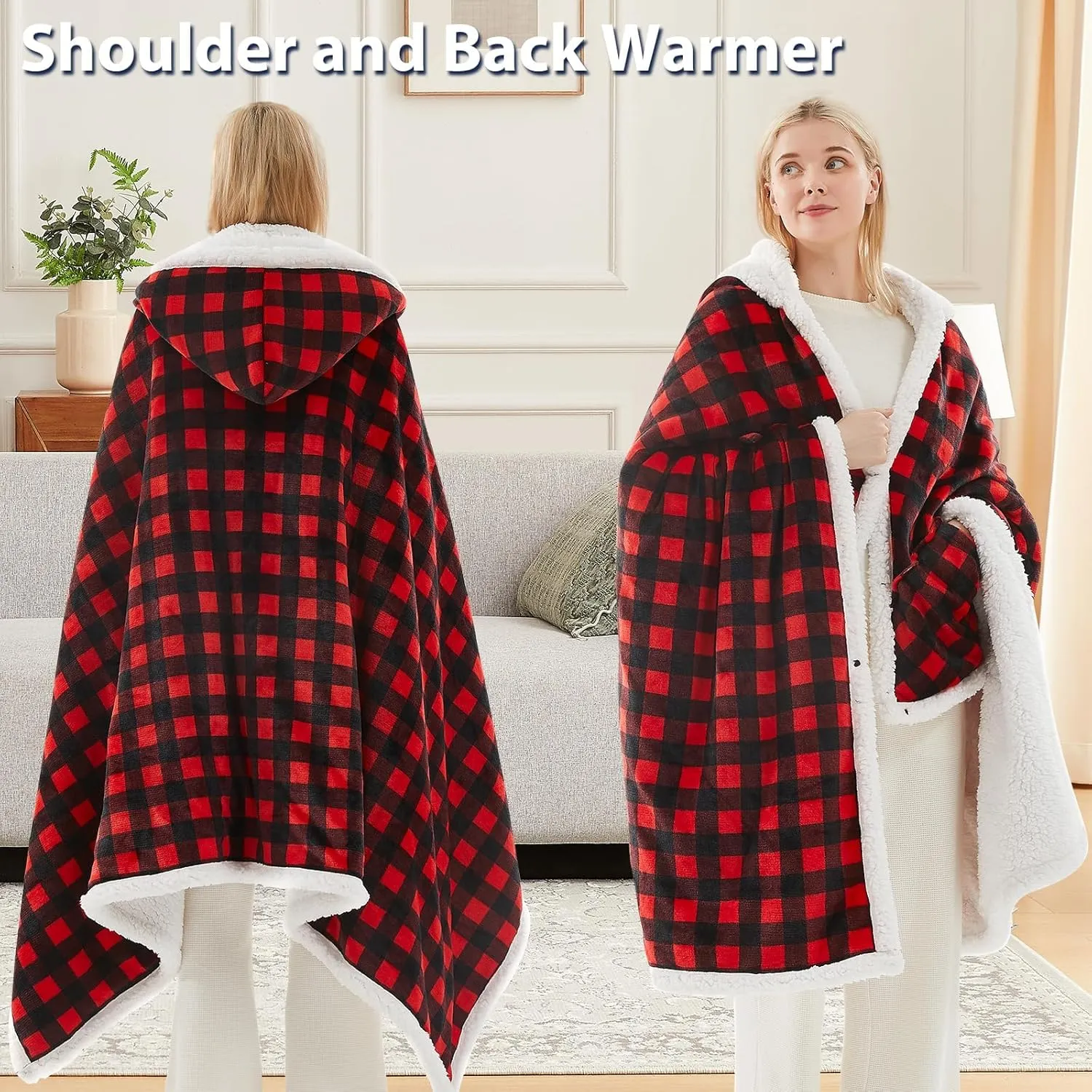 Heated Electric Blanket Shawl: Throw Poncho - Wearable Hoodie Wrap Sherpa With 10 Heating Levels & Multi Time Settings (40x70'' Red Plaid)