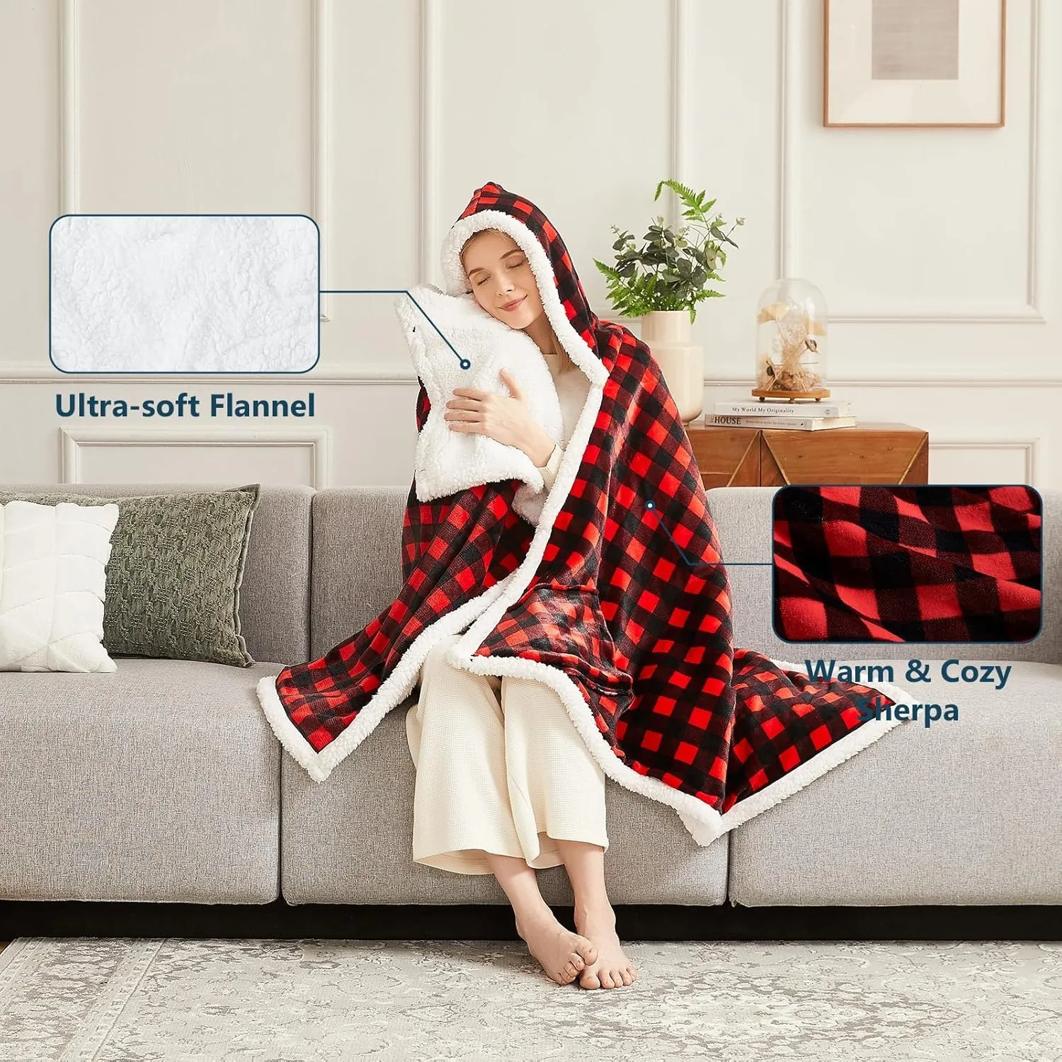 Heated Electric Blanket Shawl: Throw Poncho - Wearable Hoodie Wrap Sherpa With 10 Heating Levels & Multi Time Settings (40x70'' Red Plaid)