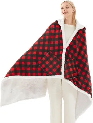 Heated Electric Blanket Shawl: Throw Poncho - Wearable Hoodie Wrap Sherpa With 10 Heating Levels & Multi Time Settings (40x70'' Red Plaid)
