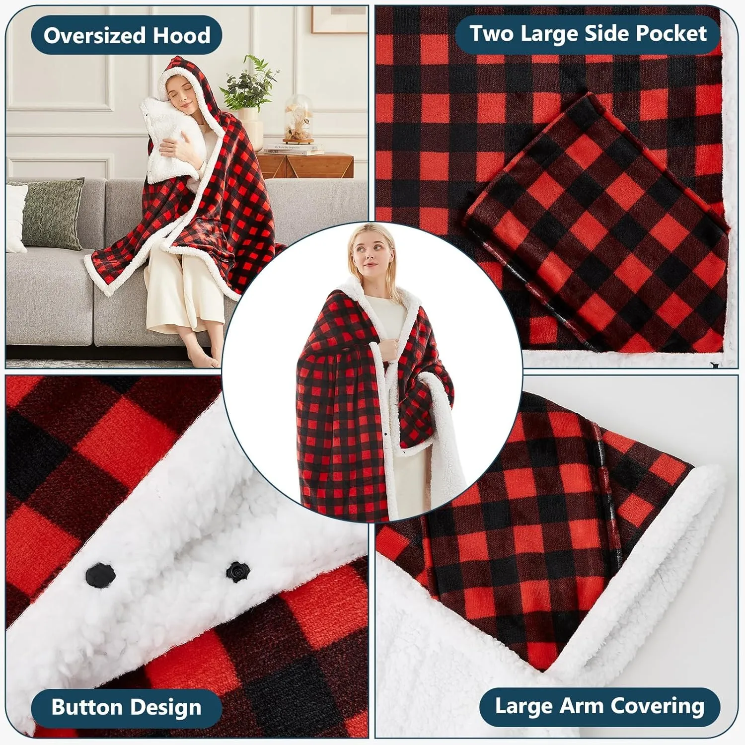 Heated Electric Blanket Shawl: Throw Poncho - Wearable Hoodie Wrap Sherpa With 10 Heating Levels & Multi Time Settings (40x70'' Red Plaid)