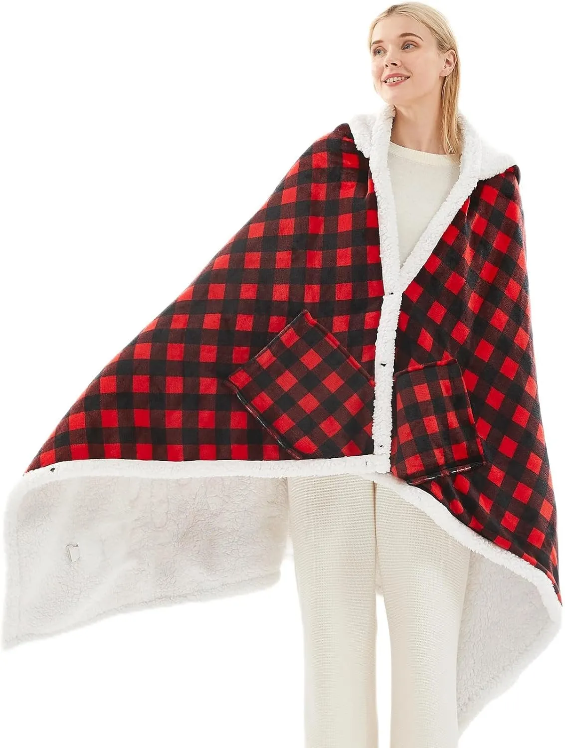 Heated Electric Blanket Shawl: Throw Poncho - Wearable Hoodie Wrap Sherpa With 10 Heating Levels & Multi Time Settings (40x70'' Red Plaid)