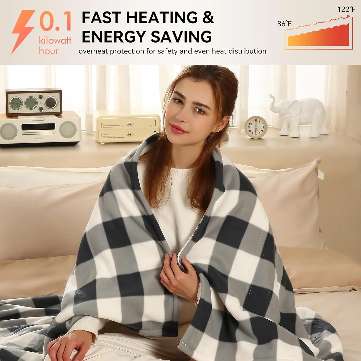Heated Throw Blanket, 5 Heating Levels & 4 Hours Auto Off Electric Blanket Throw with ETL & FCC Certification & Machine Washable, Ideal Gift, 50"x60", Gray Plaid