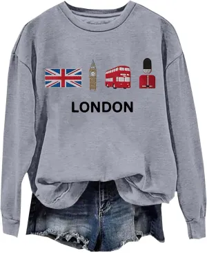 Heevina London Uk Big Ben British Flag Soldier Public Bus Sweatshirt For Women Crewneck Pullover Tops